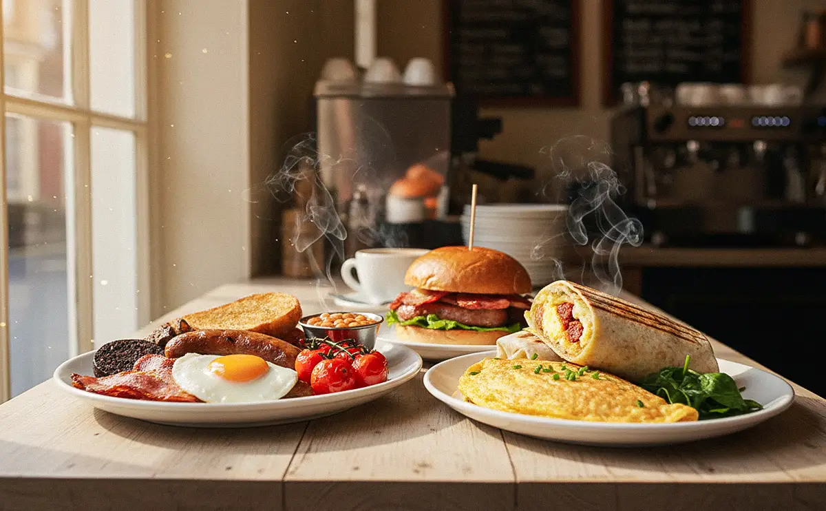 Best breakfast in Walsall served early in the morning, featuring a freshly cooked full English breakfast, breakfast sandwich, wrap, and omelette from 7am.